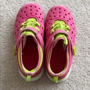 London fog pink and lime green land to see amphibian shoes